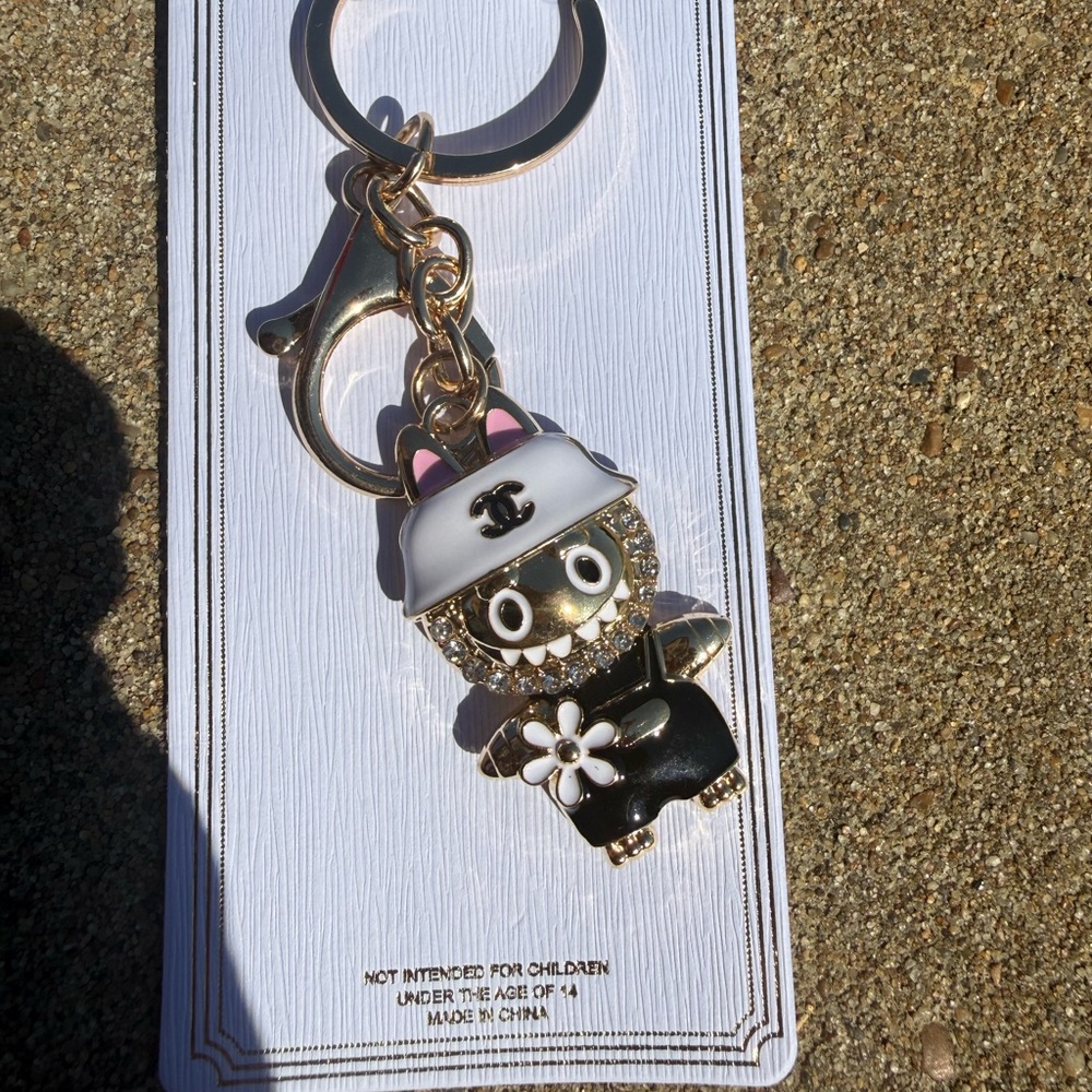NWT Lafufu Black Pink and Gold Character Rhinestone Keychain - Picture 4 of 5